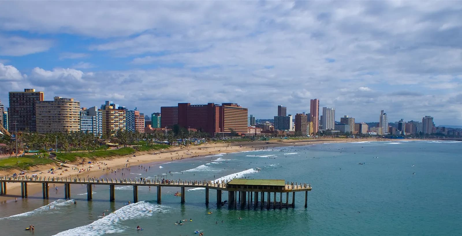 Aerial view of Durban’s beachfront, pier and city skyline.