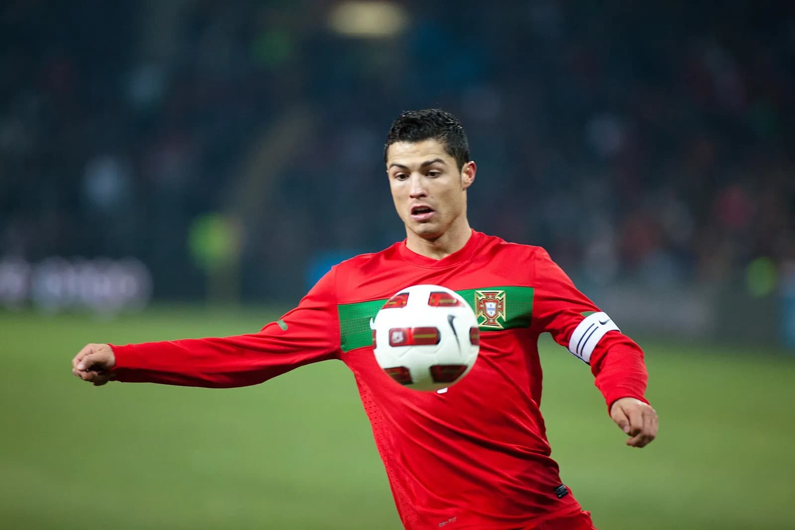 Cristiano Ronaldo playing for Portugal in a match against Argentina.