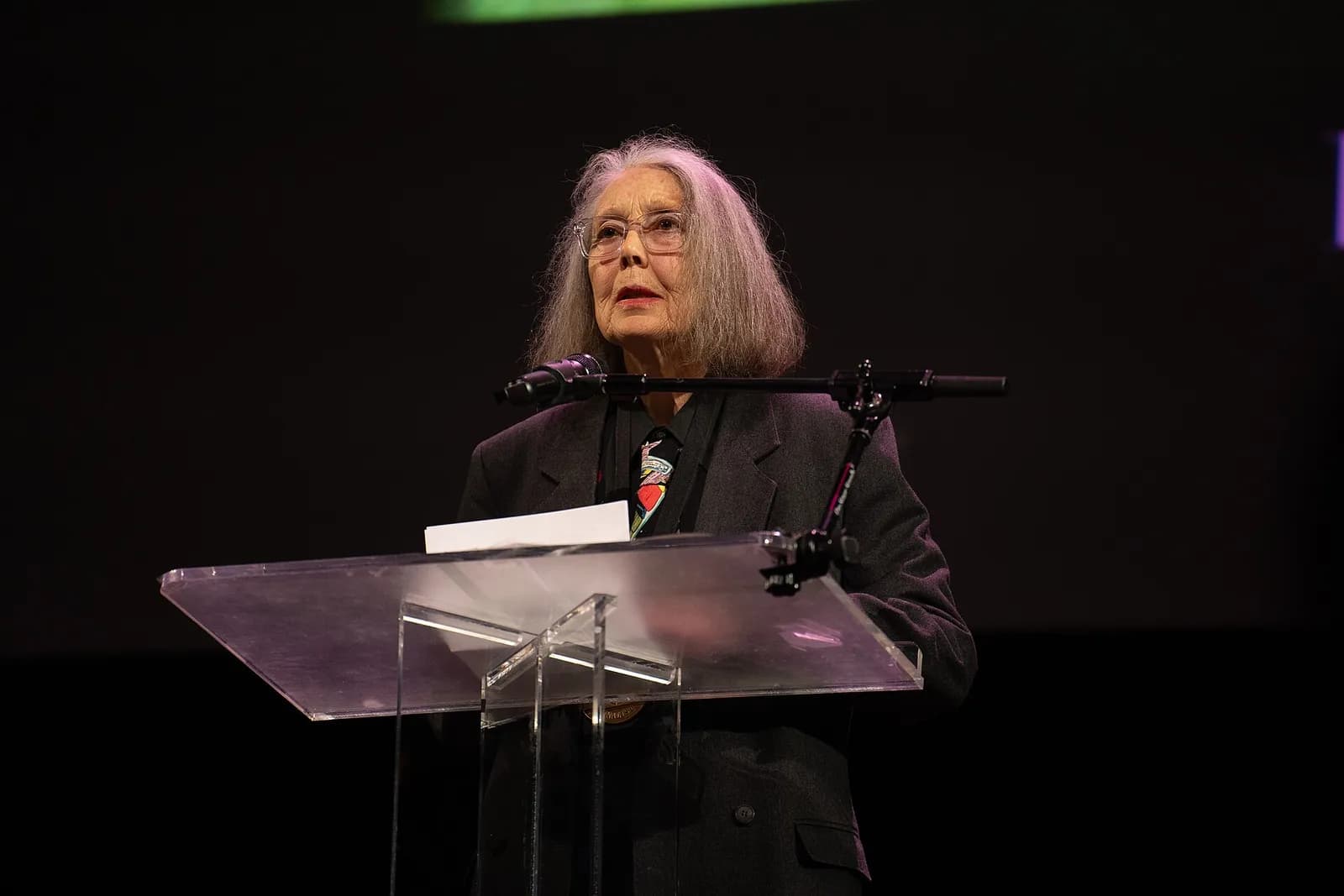 Anne Carson at the 2024 National Book Awards finalist reading in the NYU Skirball Center.