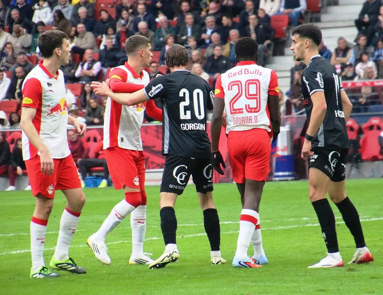 Football players during a Red Bull Salzburg match against SCR Altach in October 2025; the Commons file identifies Lucas Gourna-Douath among those pictured.