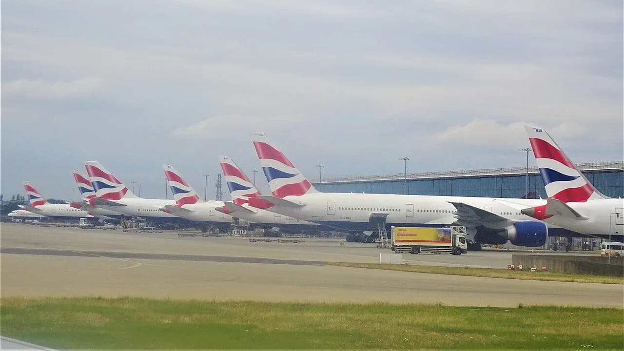 British Airways aircraft at Heathrow Airport’s Terminal 5 in London in 2019