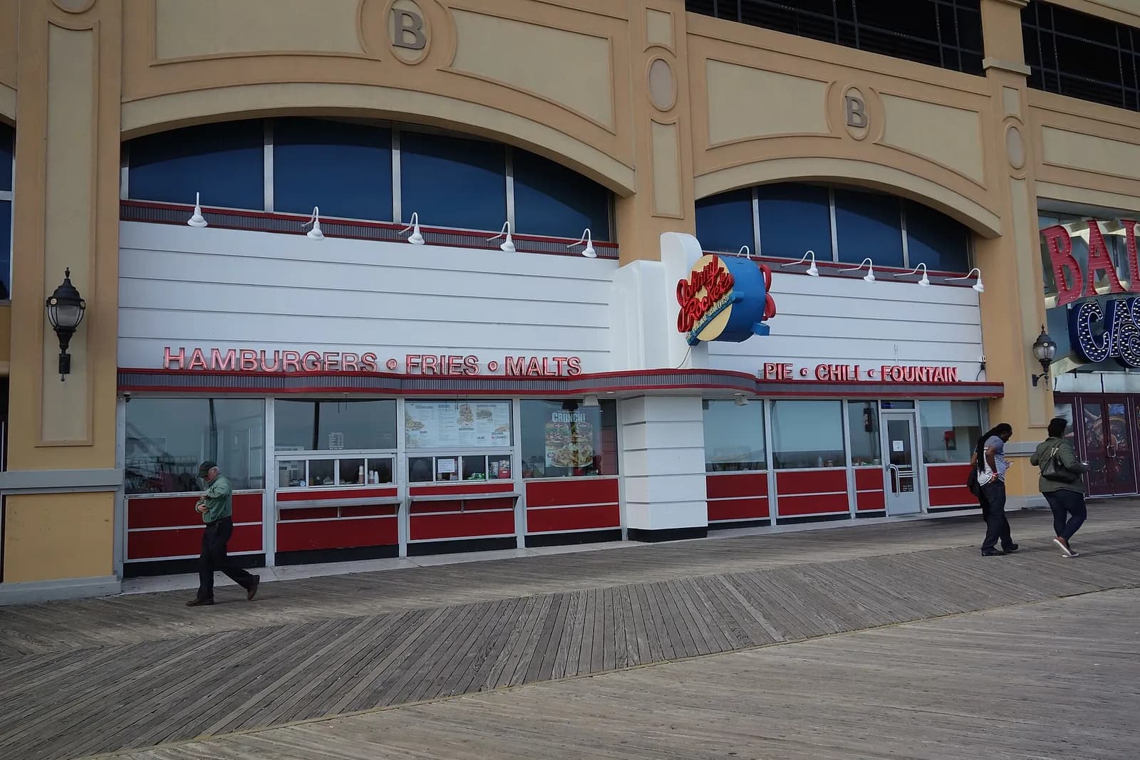 Johnny Rockets restaurant inside Bally’s Atlantic City, viewed from the boardwalk.