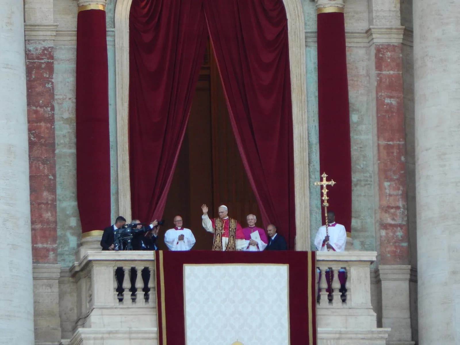 Pope Leo XIV waves to people gathered in St Peter’s Square.
