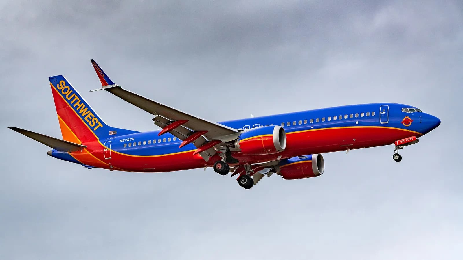 A Southwest Airlines Boeing 737 MAX 8 in blue livery, photographed after leaving the assembly line.