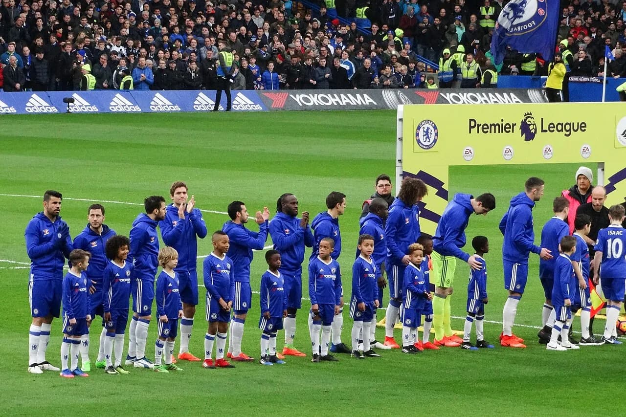 Chelsea players at Stamford Bridge during a Premier League match against Swansea City in 2017