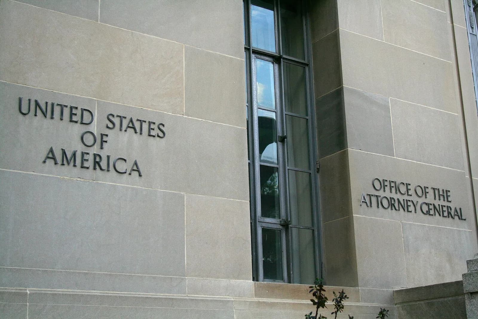 Office of the U.S. Attorney General signage on the Robert F. Kennedy Department of Justice Building in Washington, DC.