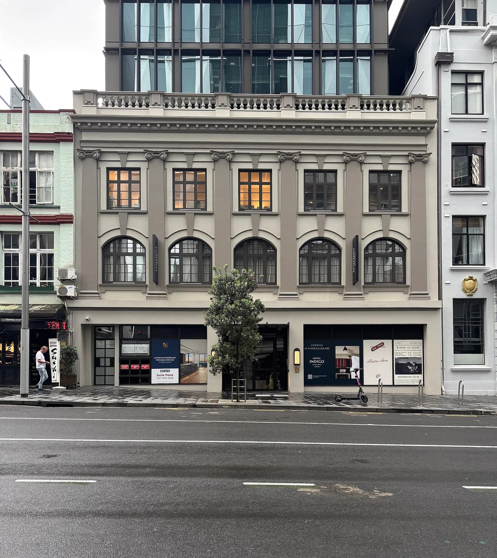 Lower facade of Hotel Indigo on Albert Street in Auckland.