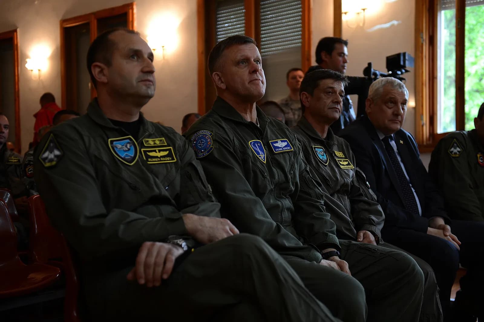 Bulgarian Air Force commander Rumen Radev, U.S. Air Force Gen. Frank Gorenc and Bulgarian deputy chief of defense Constantin Popov at a briefing.