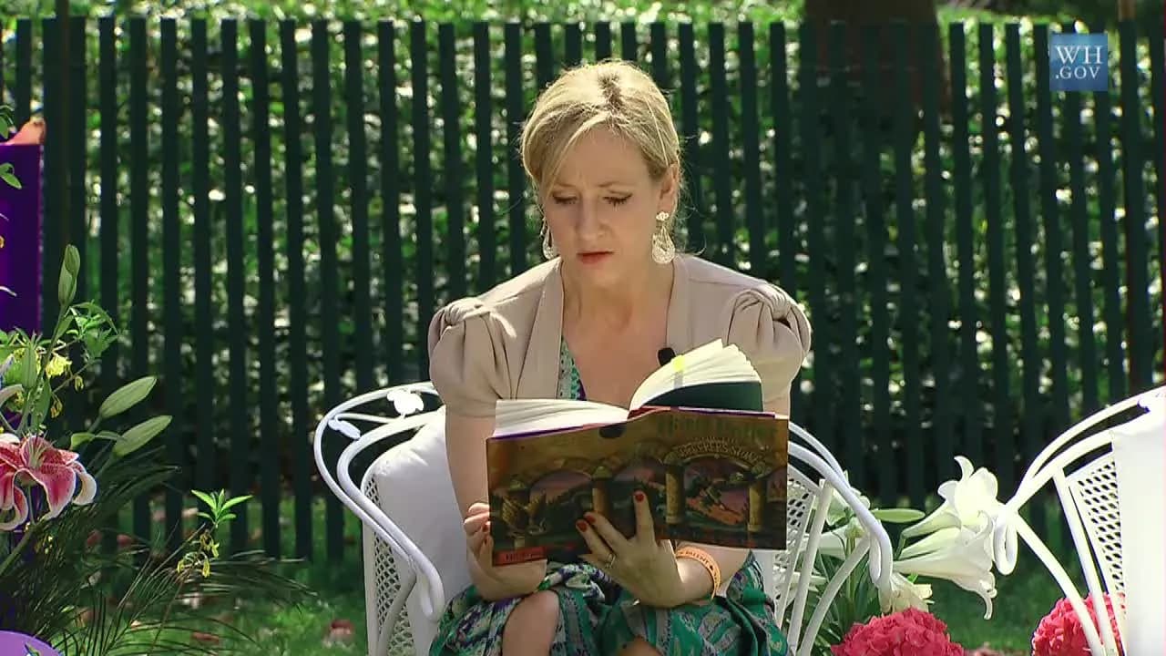 J.K. Rowling reading from a Harry Potter book at the White House Easter Egg Roll.
