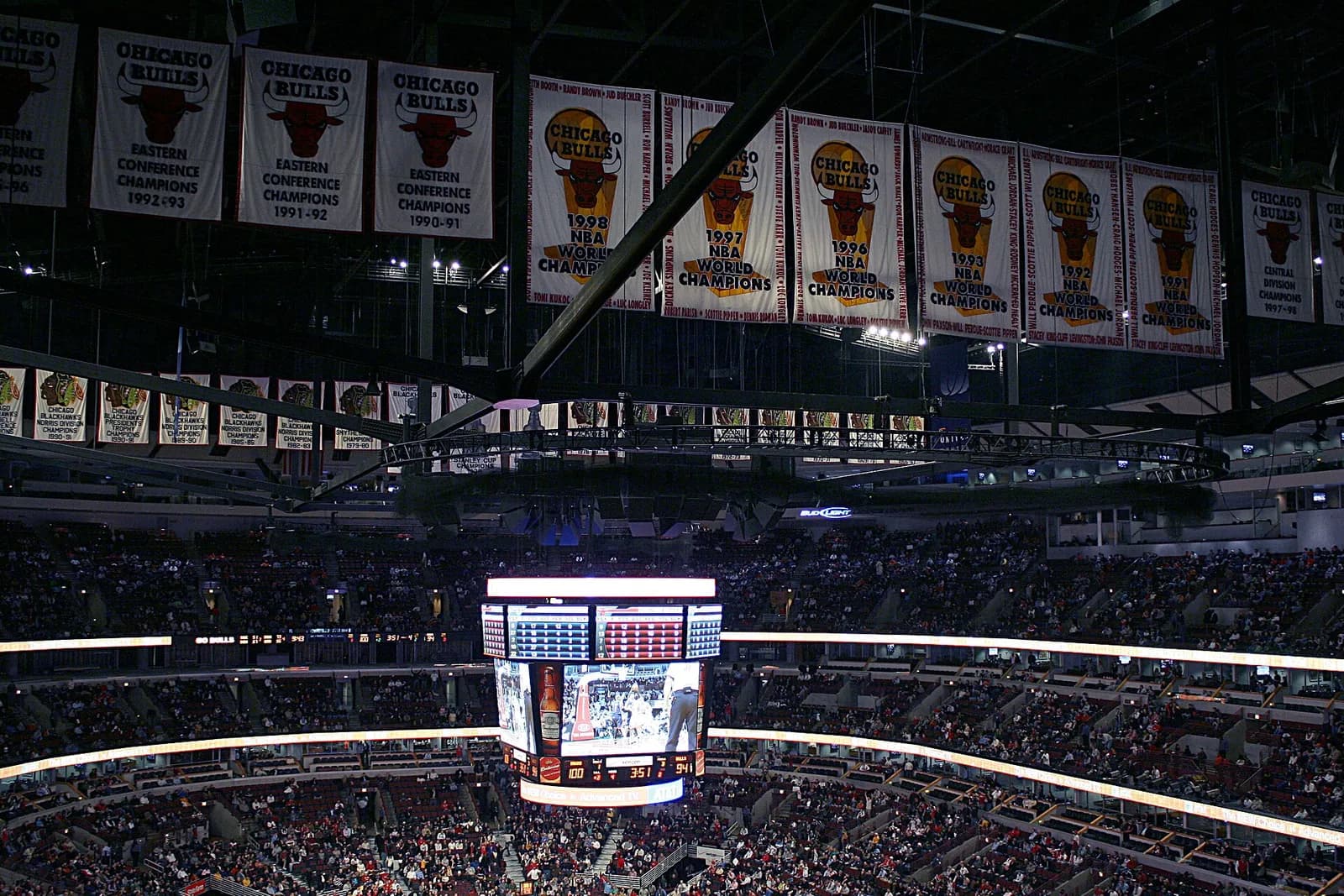 Chicago Bulls and Chicago Blackhawks championship banners hanging inside the United Center in Chicago.