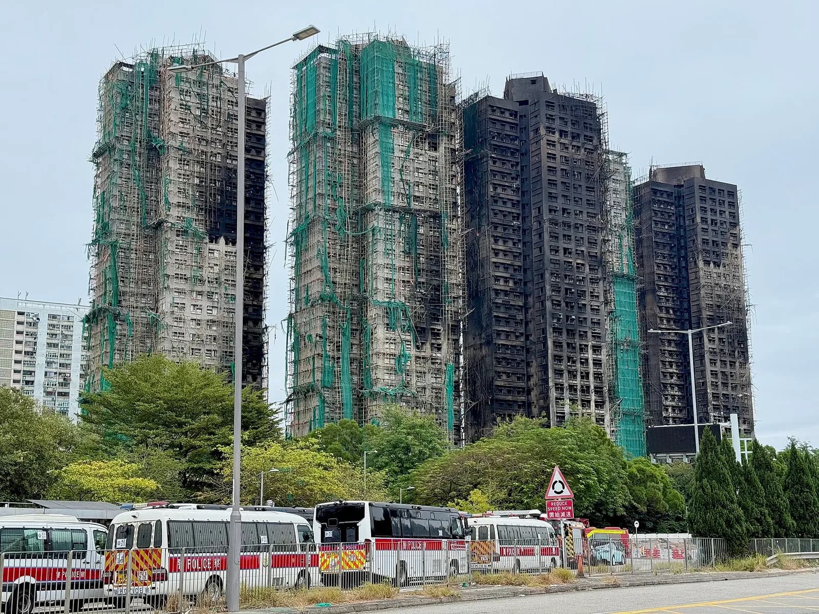 Fire-damaged buildings at Wang Fuk Court in Tai Po after the fire was extinguished.