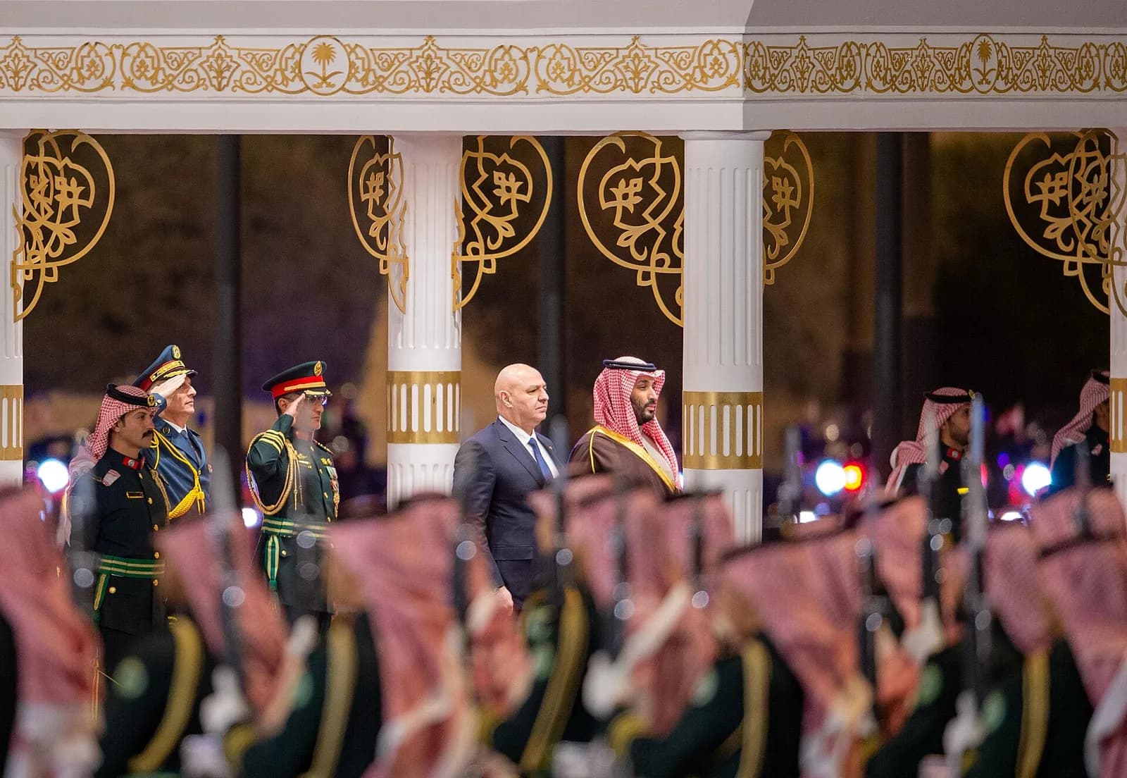 Saudi Crown Prince Mohammed bin Salman greets Lebanese President Joseph Aoun inside Al Yamamah Palace.