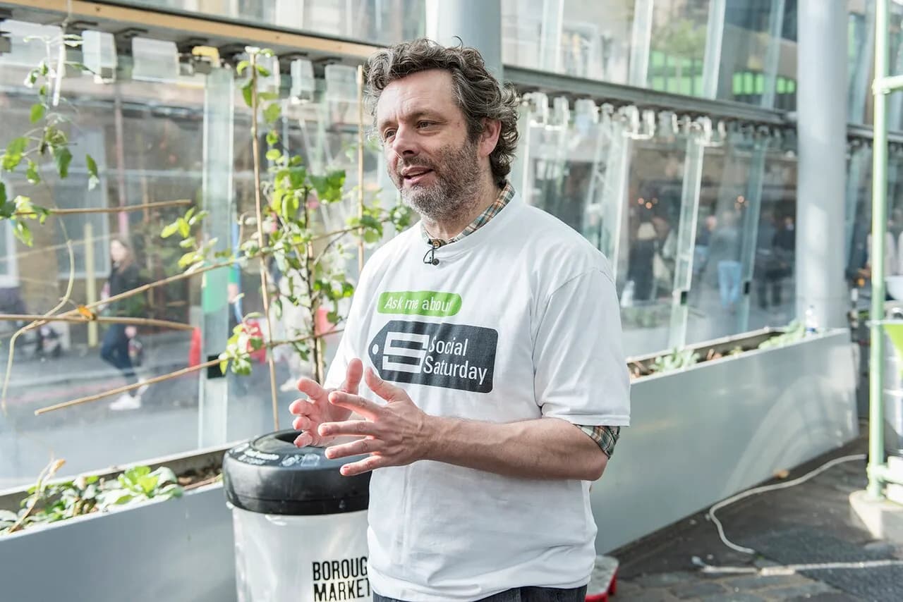 Michael Sheen speaking at Borough Market in London in 2016