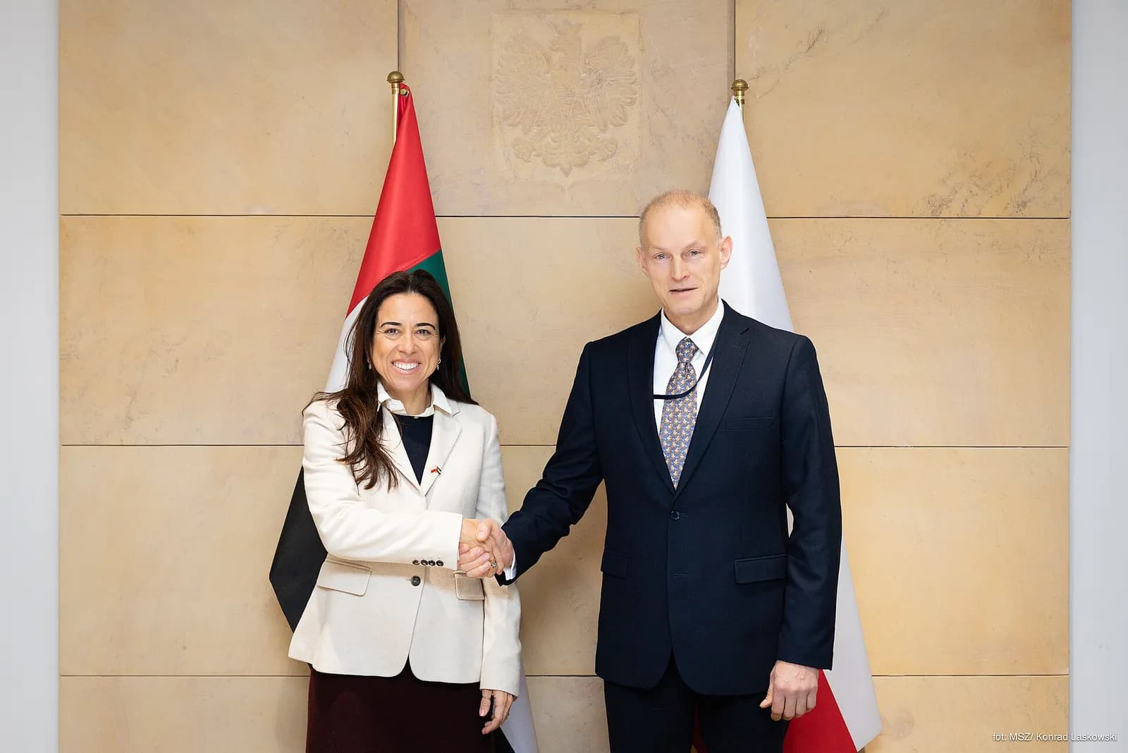 Lana Nusseibeh and Wojciech Zajączkowski at a meeting in Warsaw.