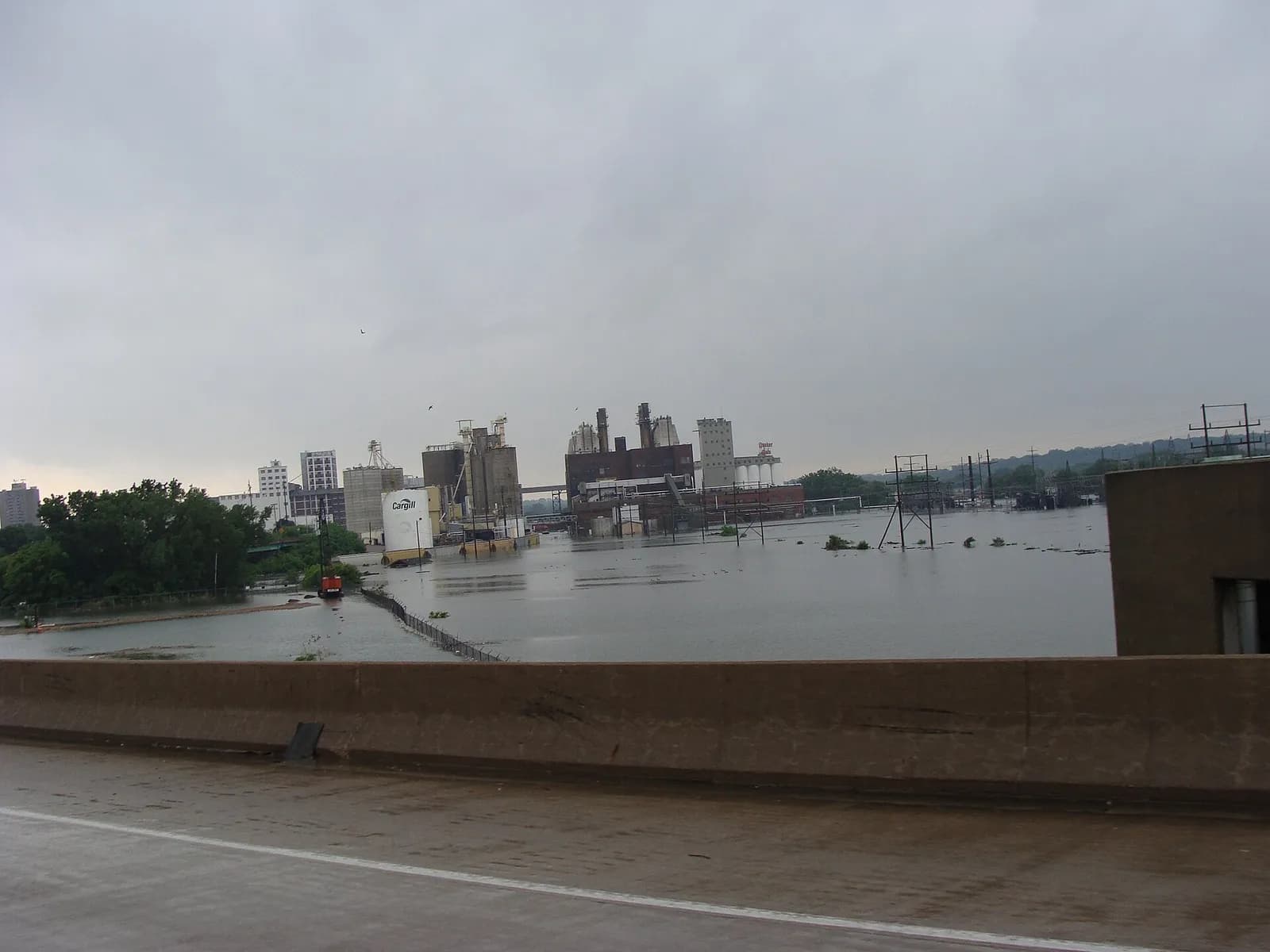 Rear of the Quaker Oats plant in Cedar Rapids beside floodwater.