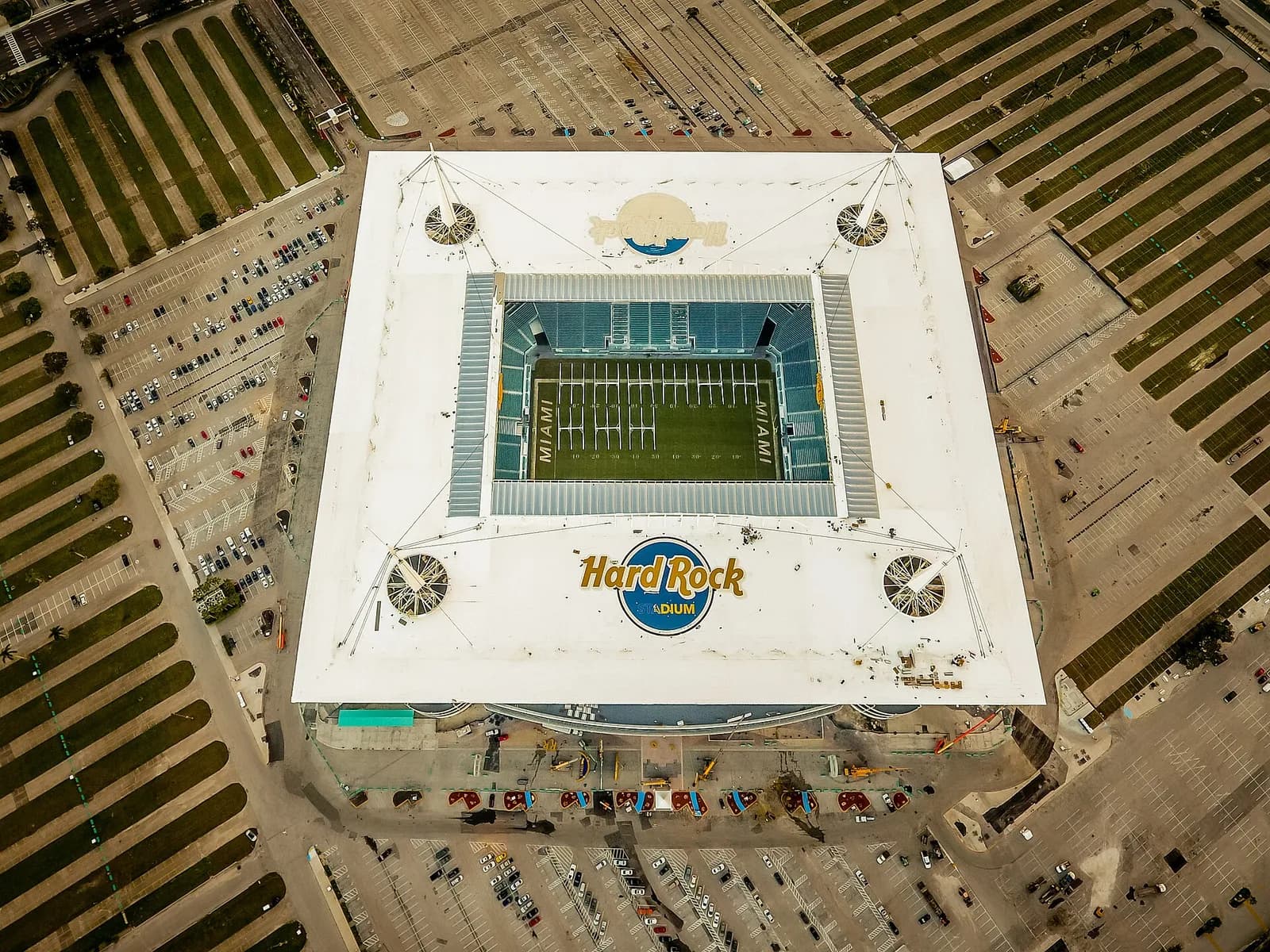 Aerial view of Hard Rock Stadium during preparations for its first NFL game.