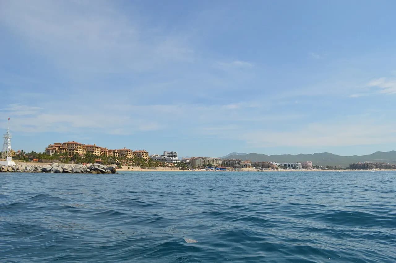 View from the water toward Medano Beach at Cabo San Lucas, Baja California Sur