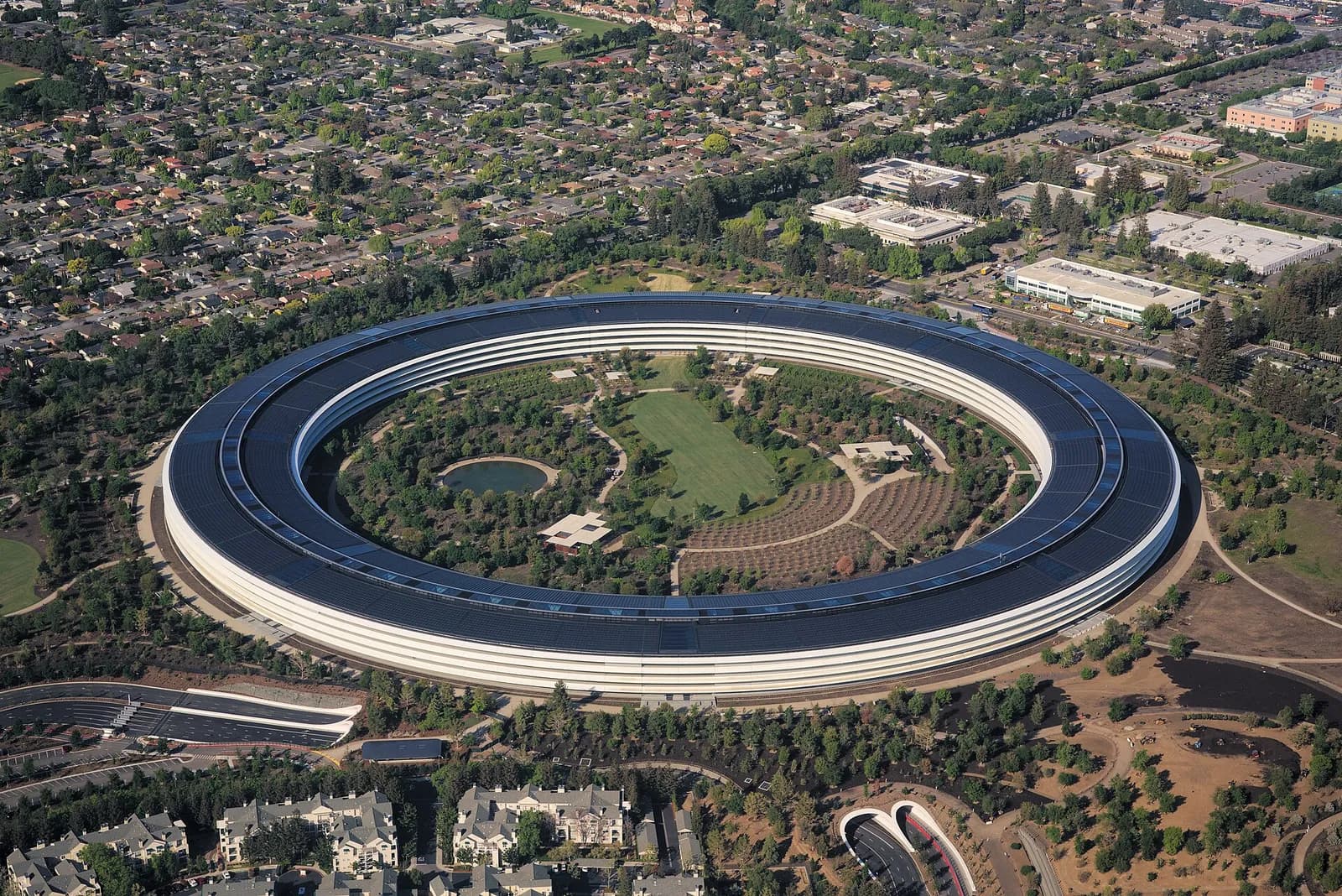 Aerial view of Apple Park, Apple Inc.’s headquarters in Cupertino, California.