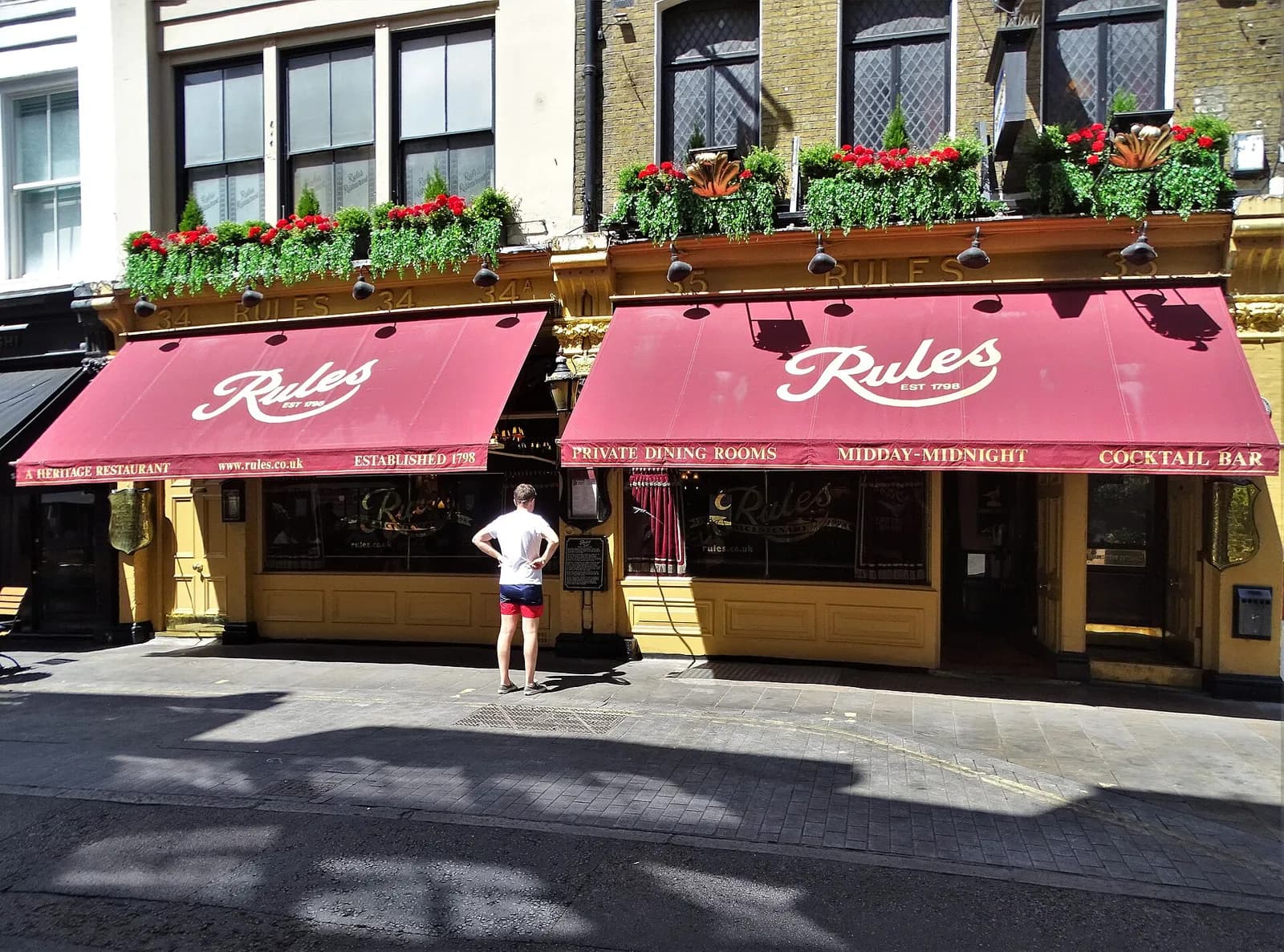 The Rules restaurant exterior on Maiden Lane in Covent Garden, London.