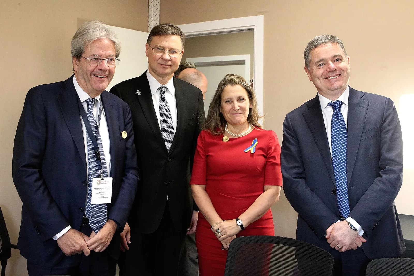 Paschal Donohoe, on the right, with Paolo Gentiloni and Valdis Dombrovskis at the 2023 World Bank and IMF Annual Meetings in Marrakech.