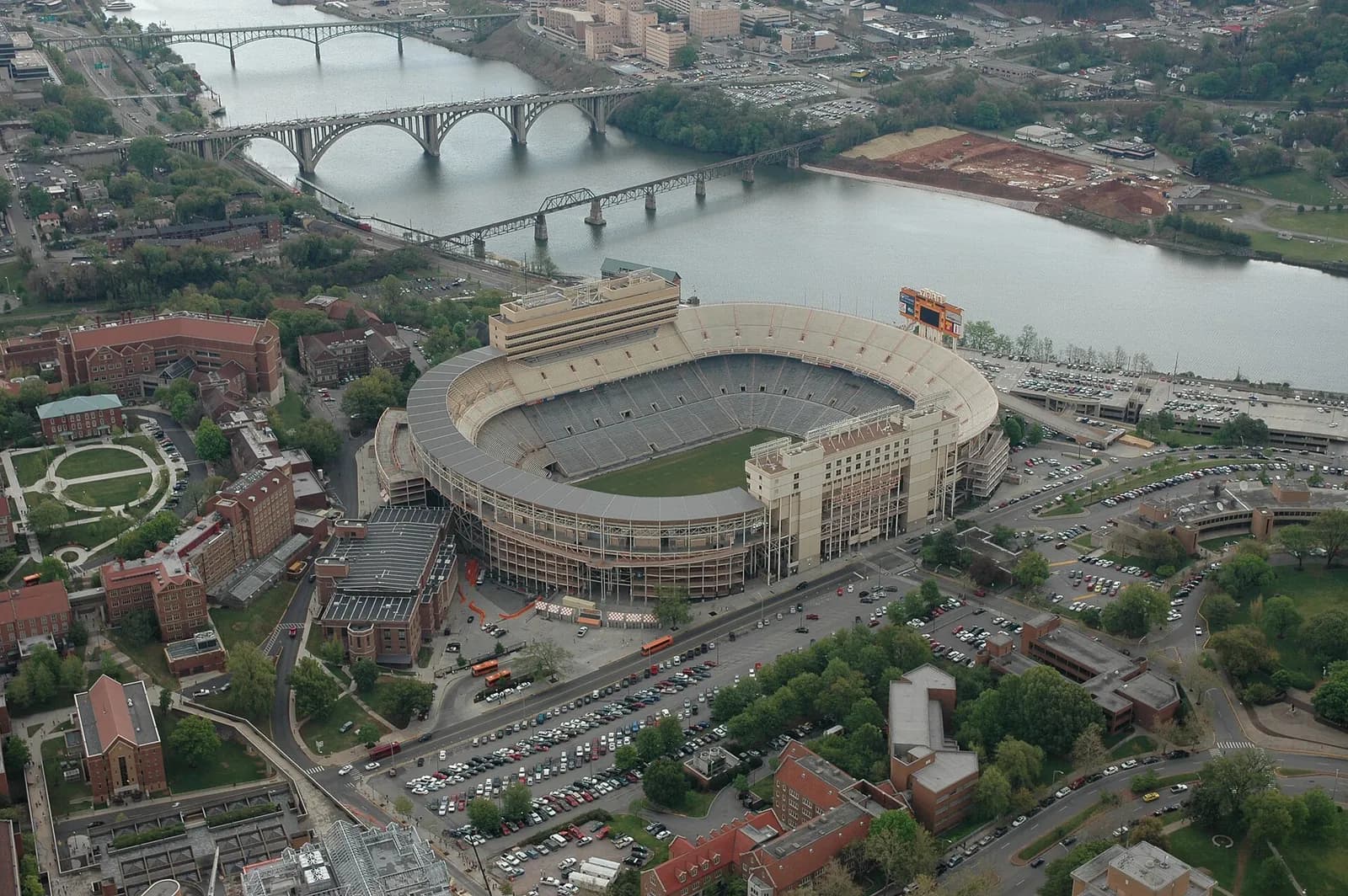 Aerial view of Neyland Stadium, the University of Tennessee campus and the Tennessee River in Knoxville.