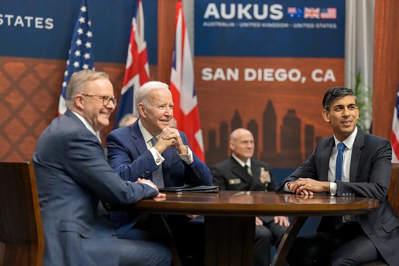 Joe Biden, Anthony Albanese and Rishi Sunak together at a 2023 AUKUS meeting
