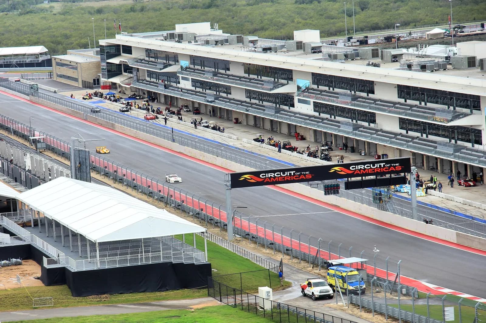The Circuit of the Americas pit and paddock building viewed from the turn 1 grandstands.