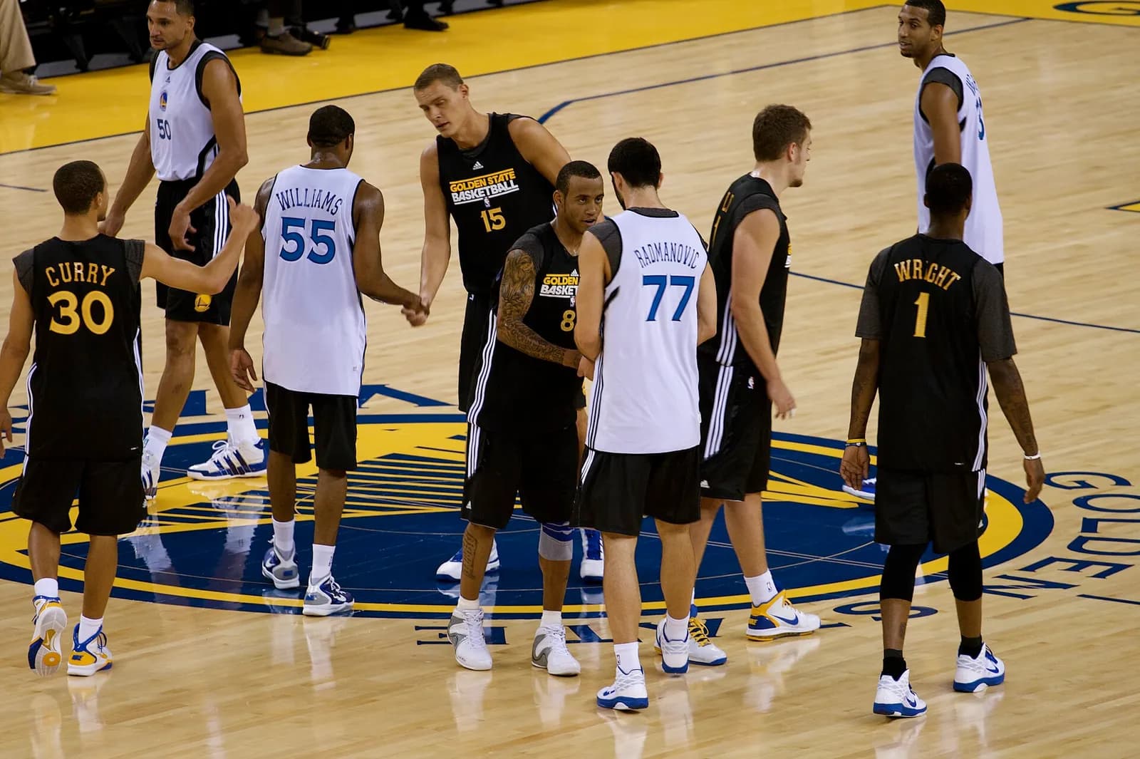 Golden State Warriors players at an open practice.