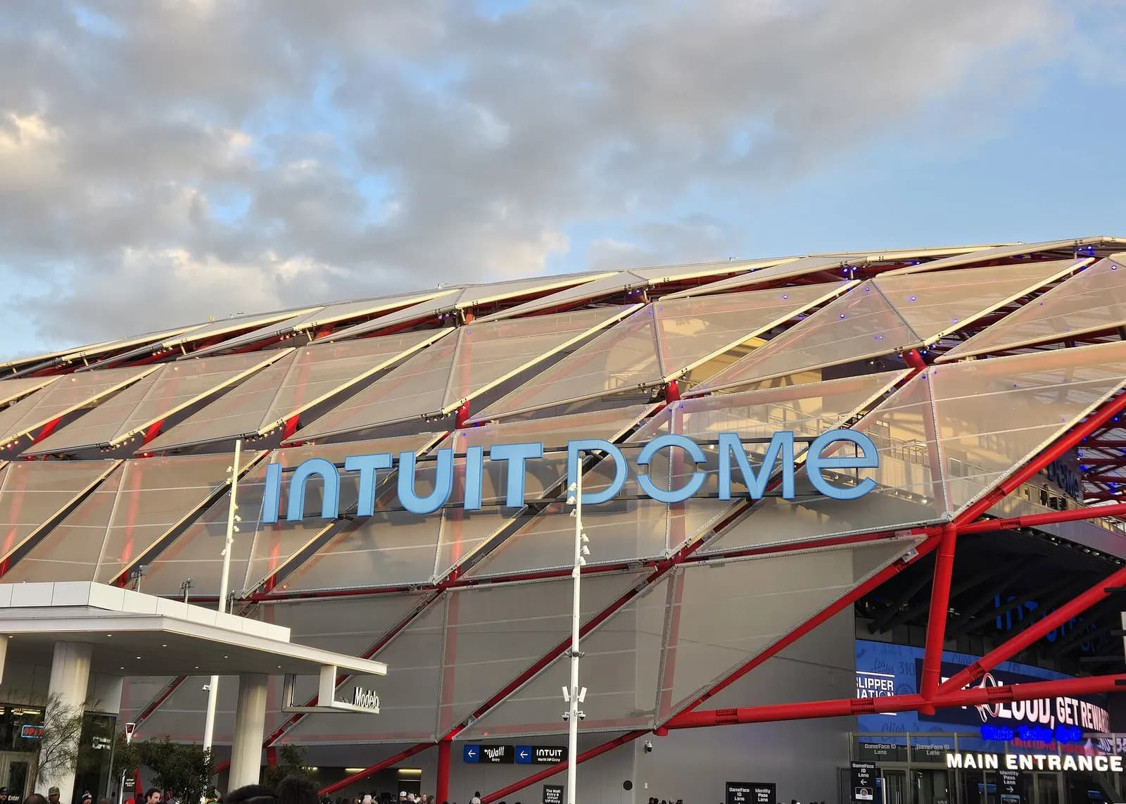 The main entrance to the Intuit Dome arena.
