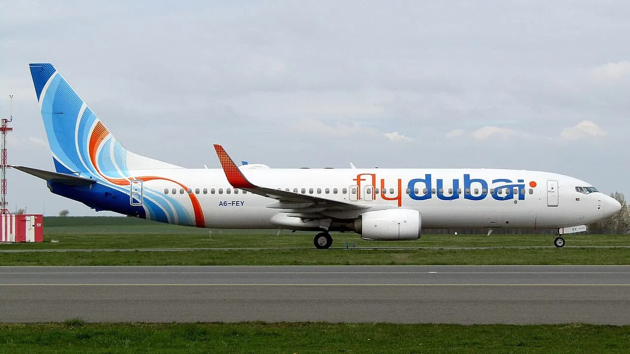 A flydubai Boeing 737-800 aircraft at Prague Airport in 2017