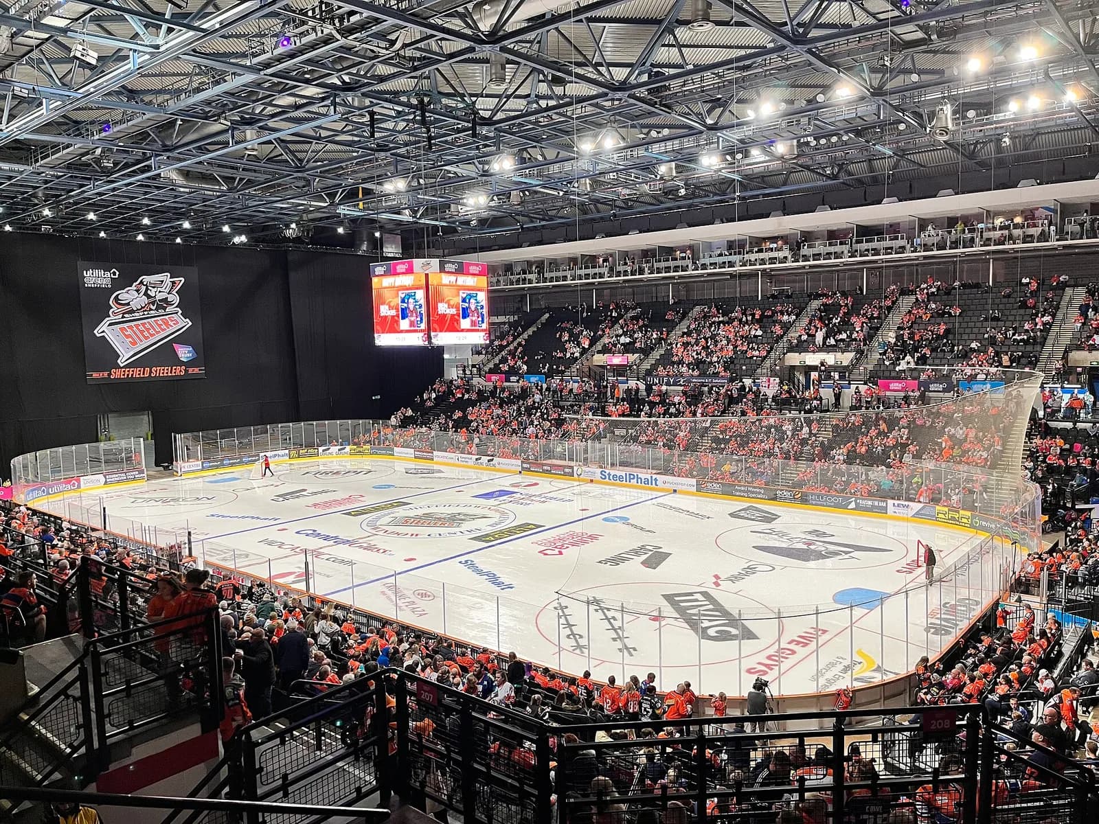 Interior of Sheffield Arena, showing seating and the arena floor.