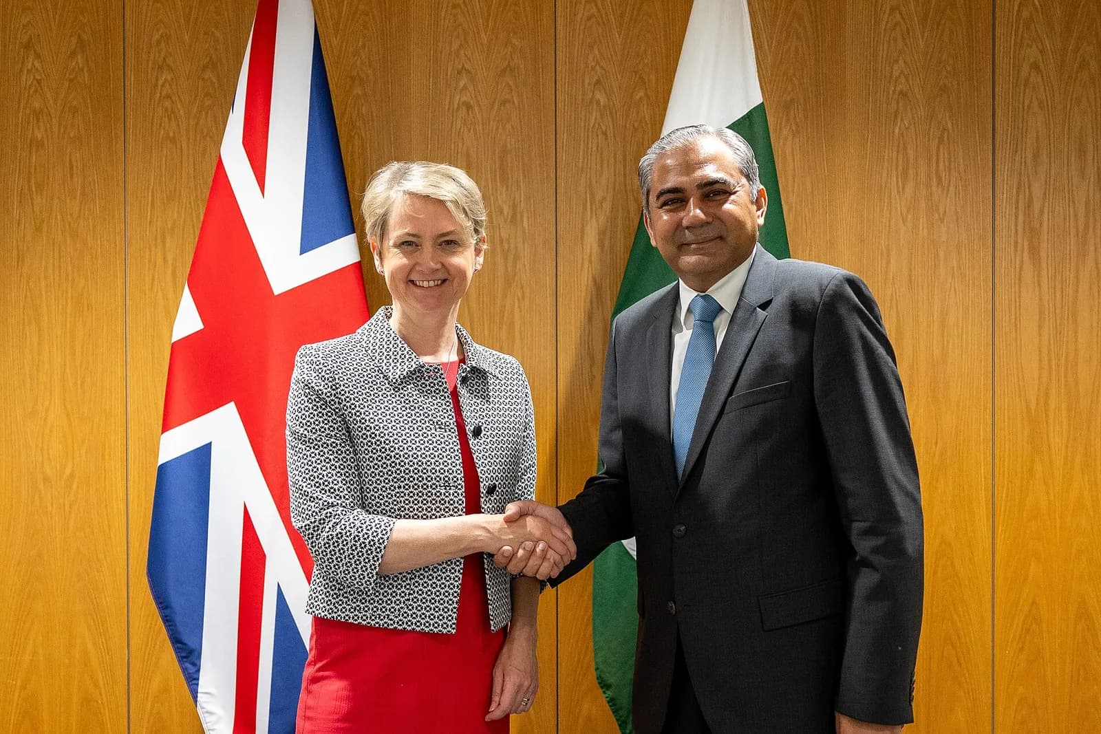 Pakistan Interior Minister Mohsin Naqvi meets UK Home Secretary Yvette Cooper in London.