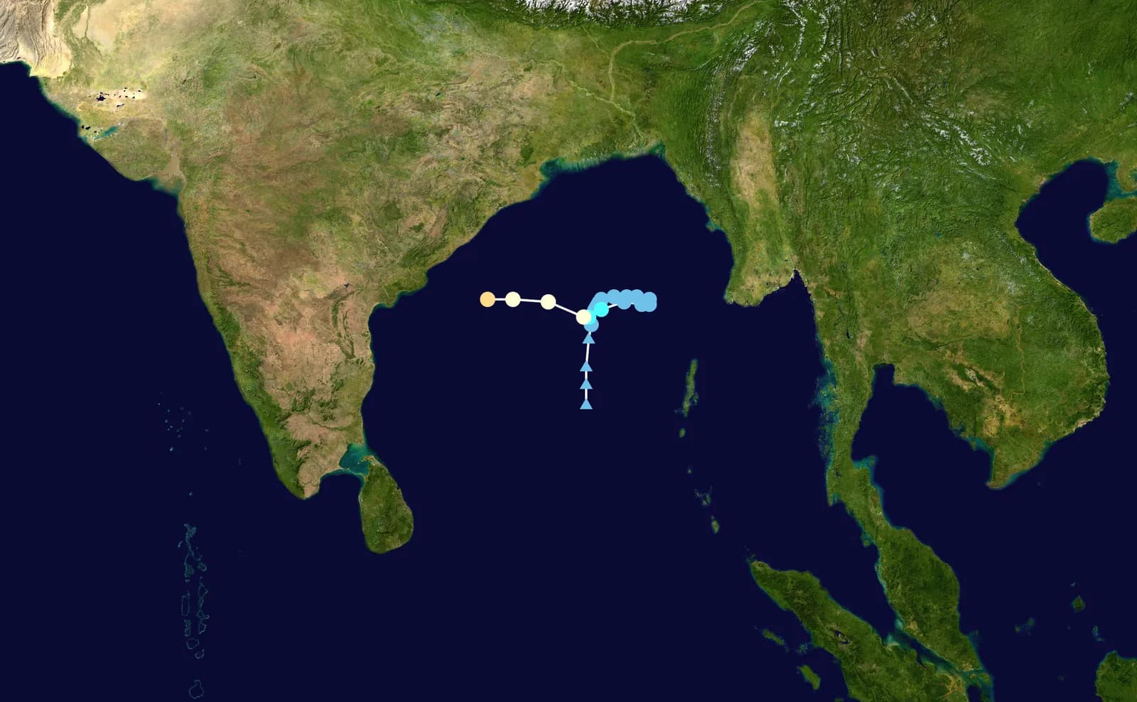 Satellite map of the Bay of Bengal region with a plotted line of coloured circular markers showing Cyclone Arnab's track moving west towards India's eastern coast.