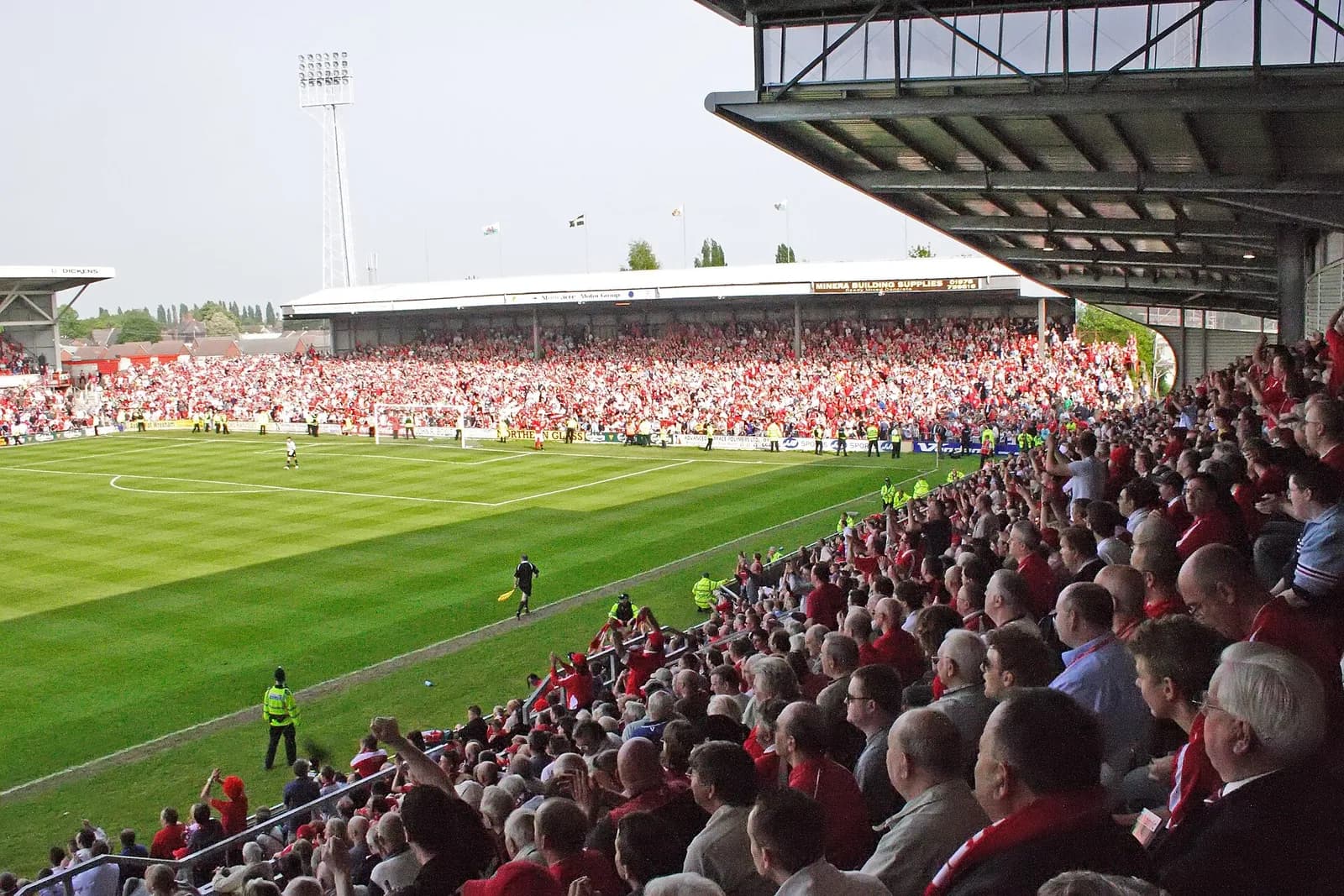 The Mold Road Stand and Kop at Wrexham’s Racecourse Ground