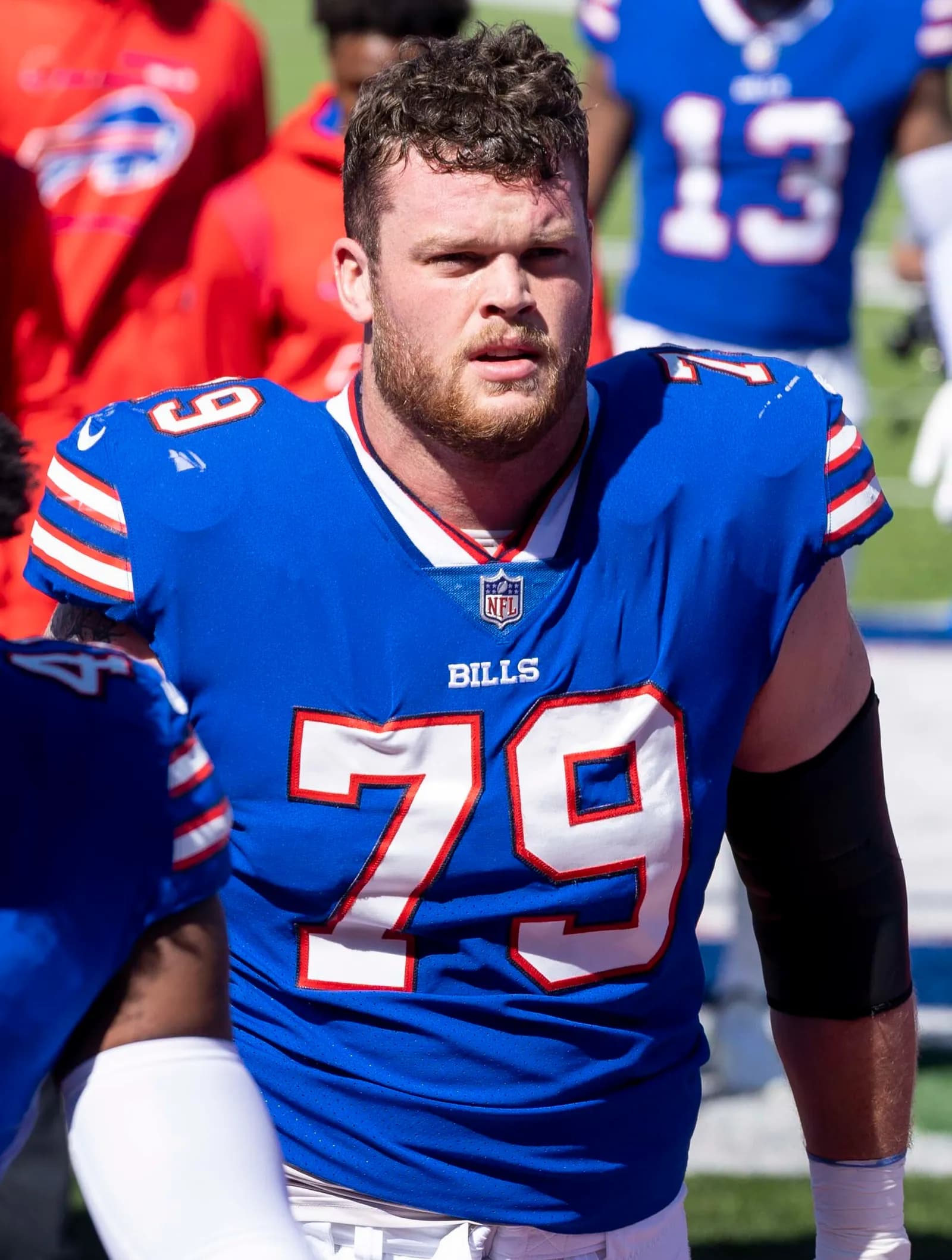 Buffalo Bills offensive tackle Spencer Brown in uniform before a game at Highmark Stadium.