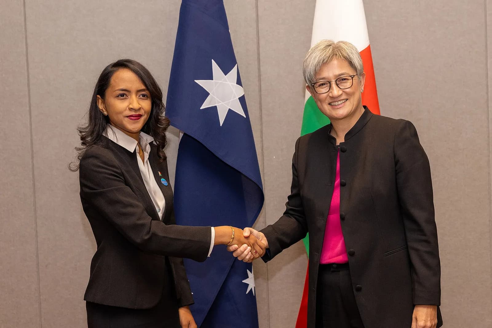 Australian Foreign Minister Penny Wong meets Madagascan Foreign Minister Rafaravavitafika Rasata at the Indian Ocean Conference.
