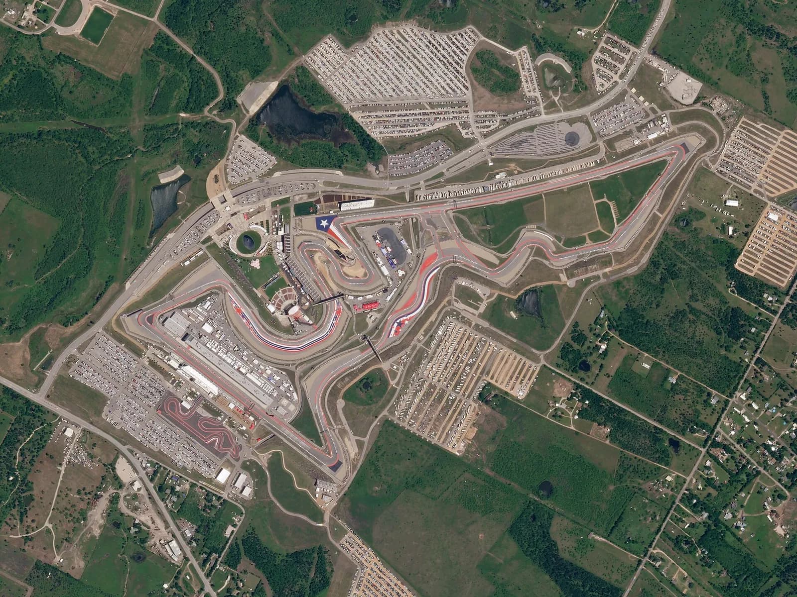 Aerial view of the Circuit of the Americas racing circuit near Austin, Texas.