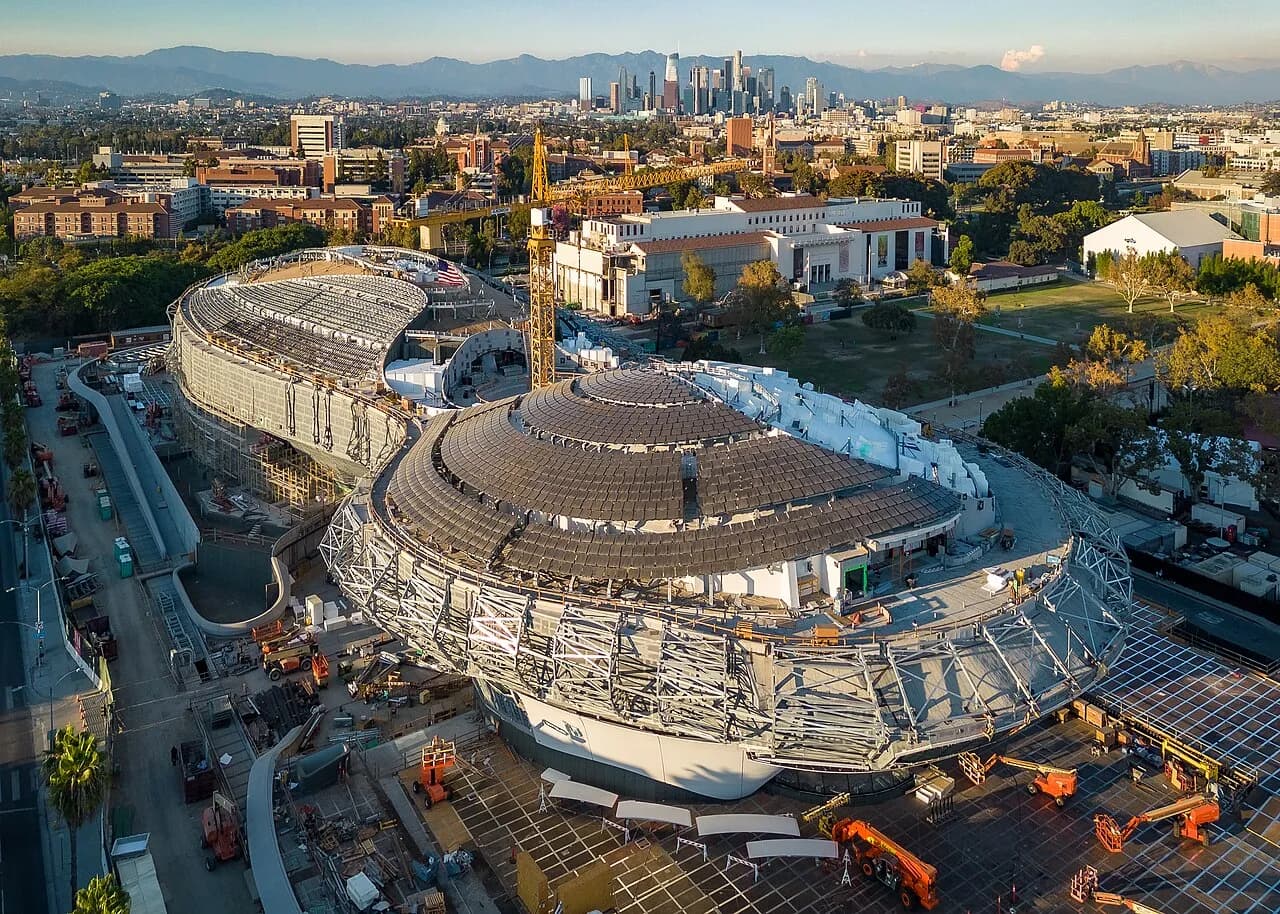 Aerial view of the Lucas Museum of Narrative Art building under construction in Exposition Park, Los Angeles