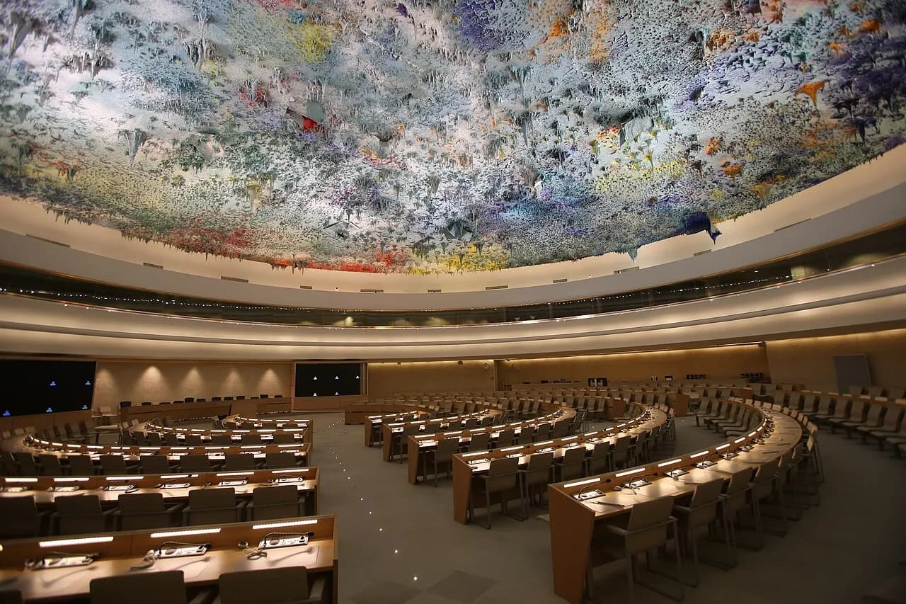 Interior of the United Nations Human Rights Council meeting room at the Palace of Nations in Geneva
