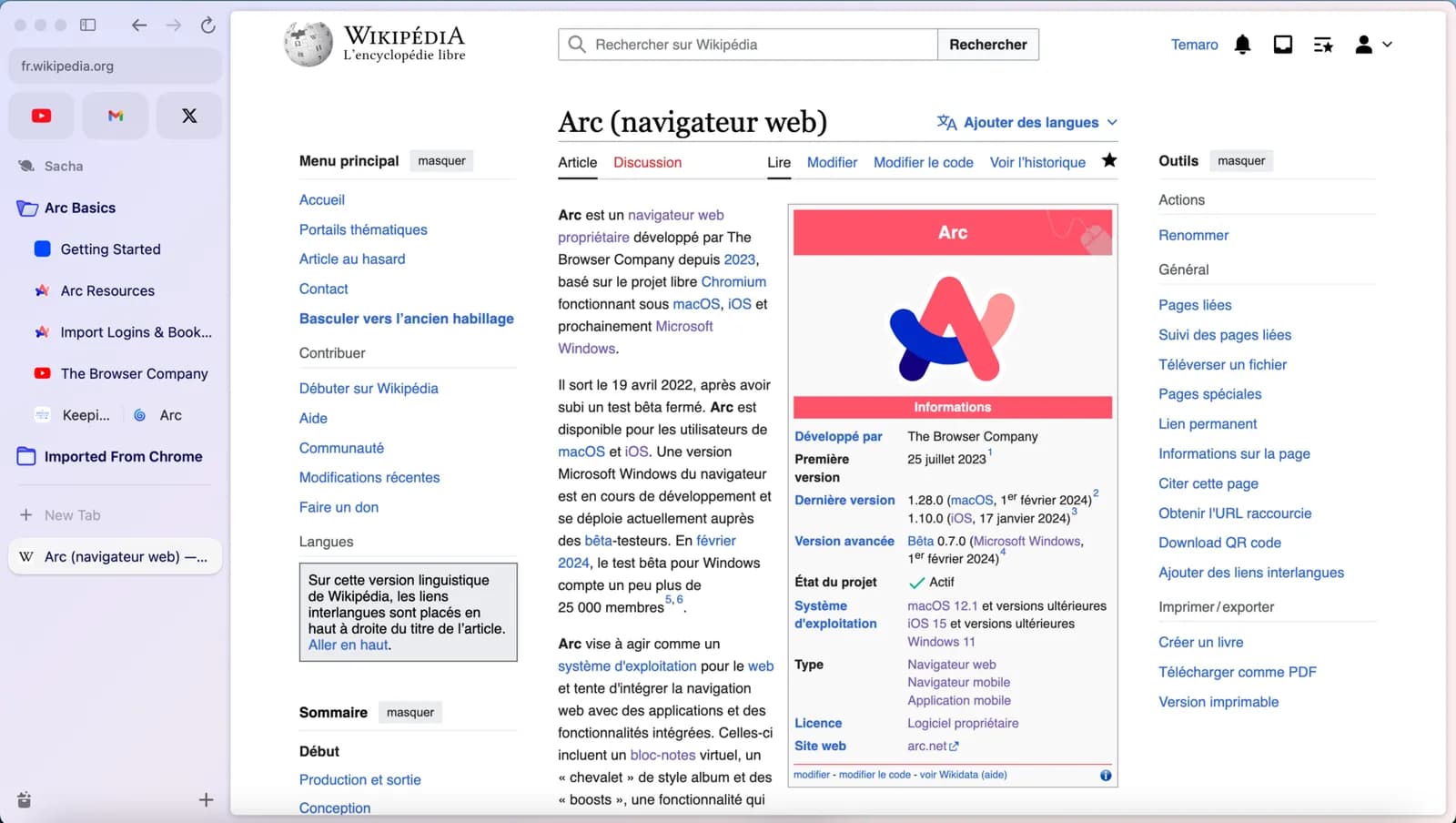 Screenshot of the Arc browser interface displayed on a computer screen.