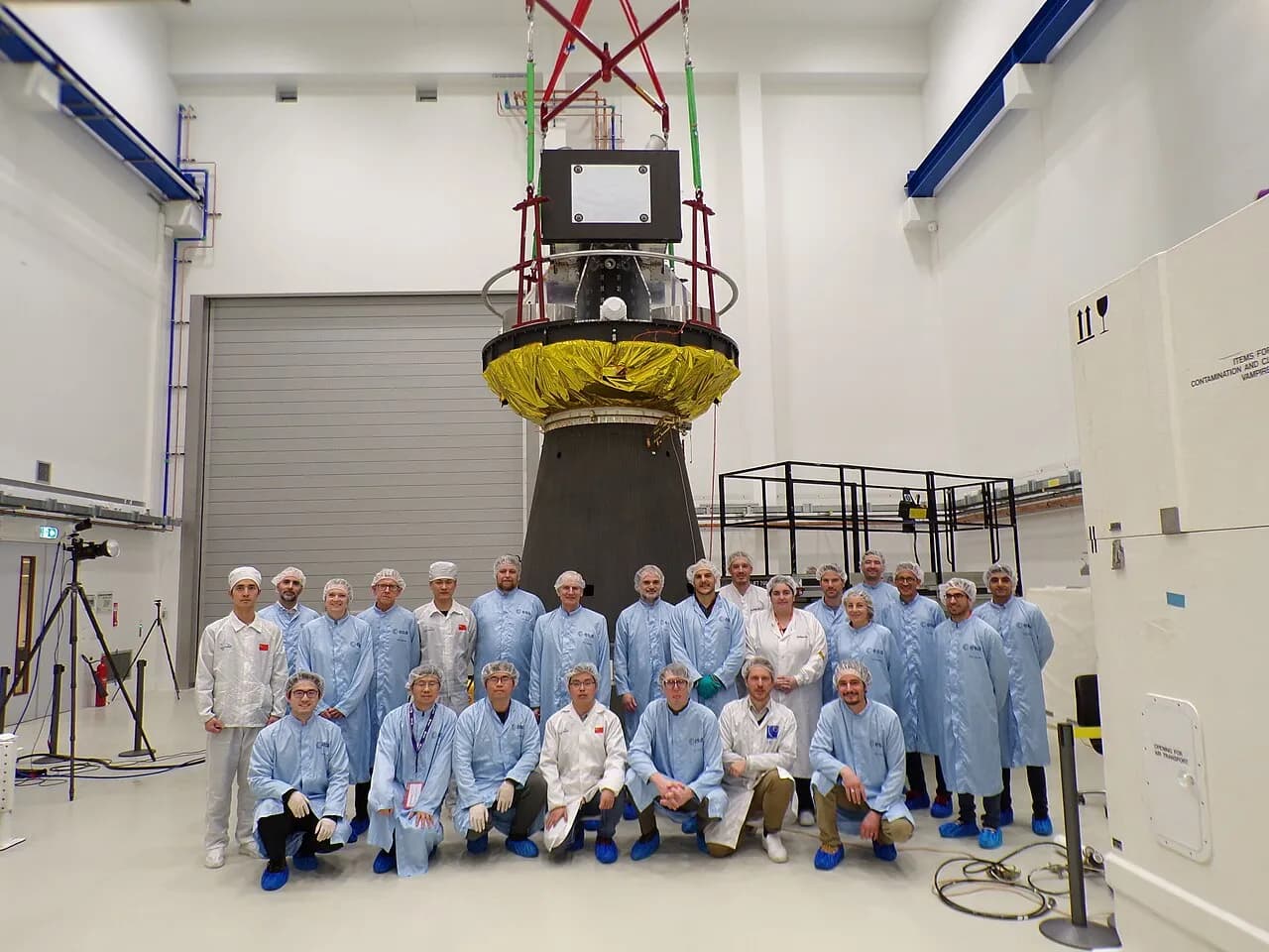 SMILE spacecraft during a launcher adapter fit check at ESA's ESTEC facility