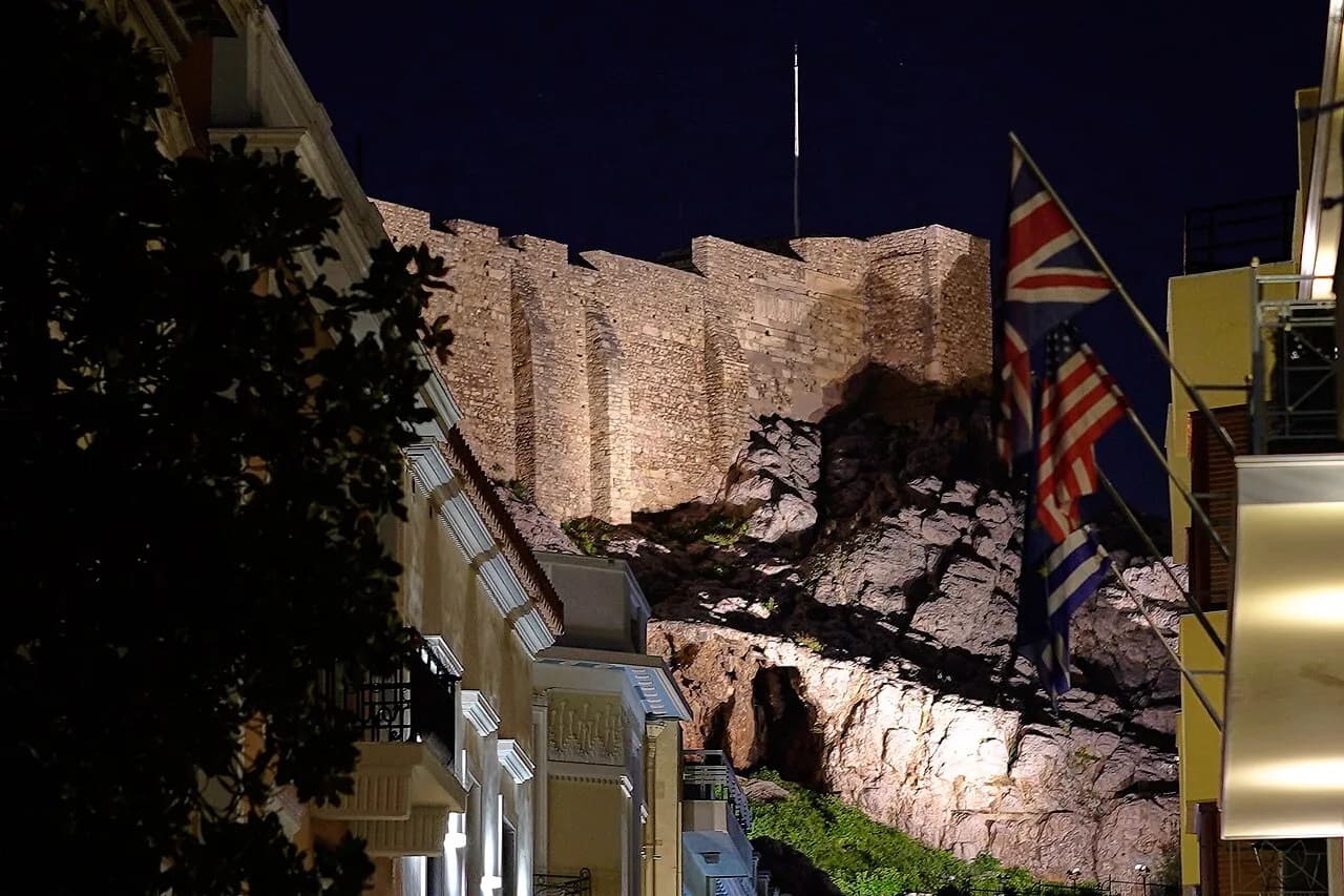 View of the Acropolis of Athens from Lysikratous Street in Plaka at night