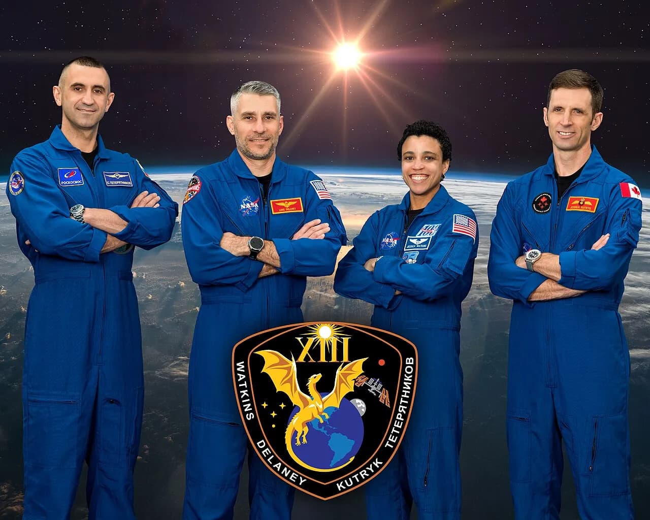 Crew-13 members Sergey Teteryatnikov, Luke Delaney, Jessica Watkins and Joshua Kutryk pose together for an official portrait.