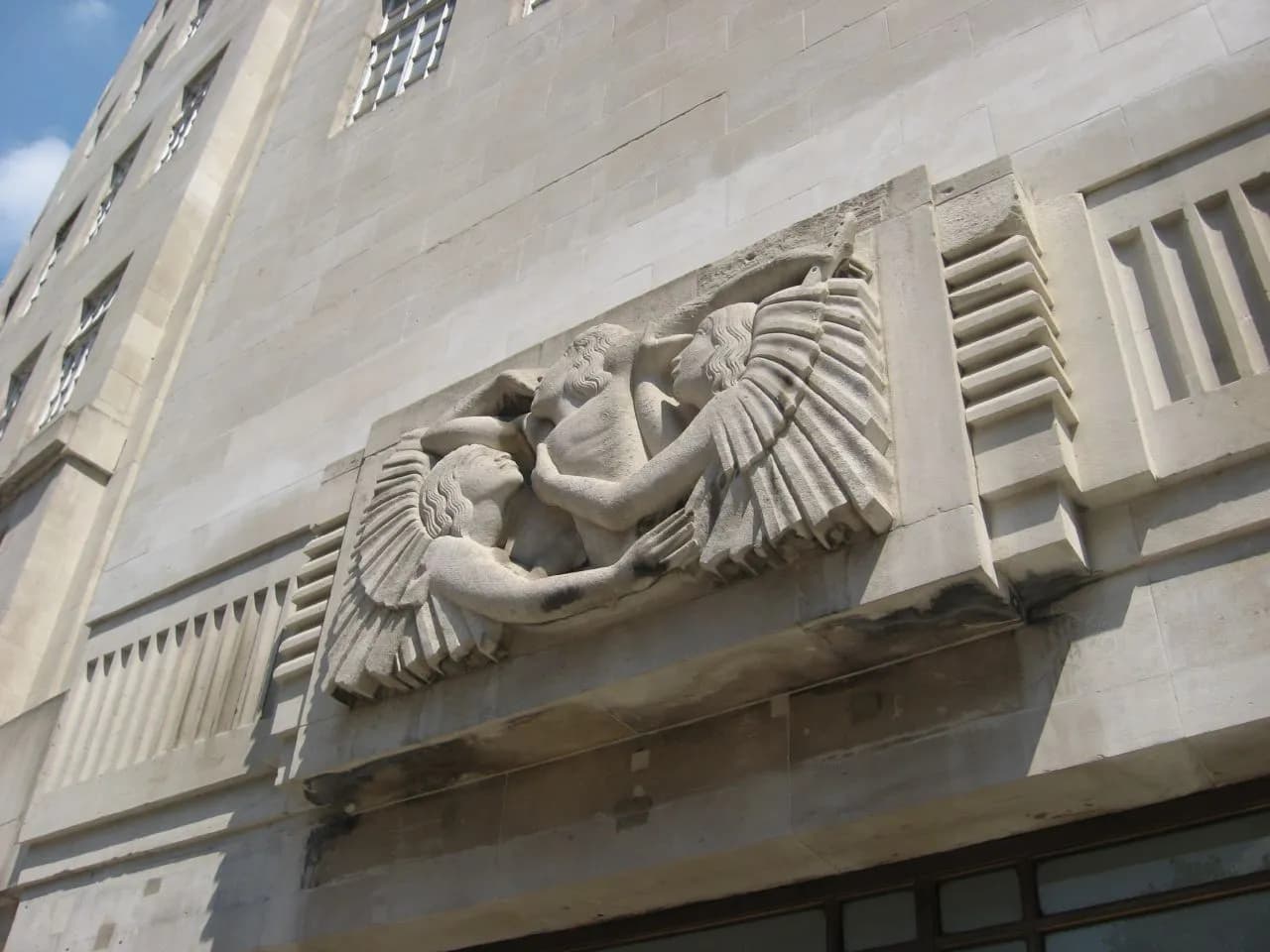 Stone relief of Ariel on the exterior of BBC Broadcasting House in London