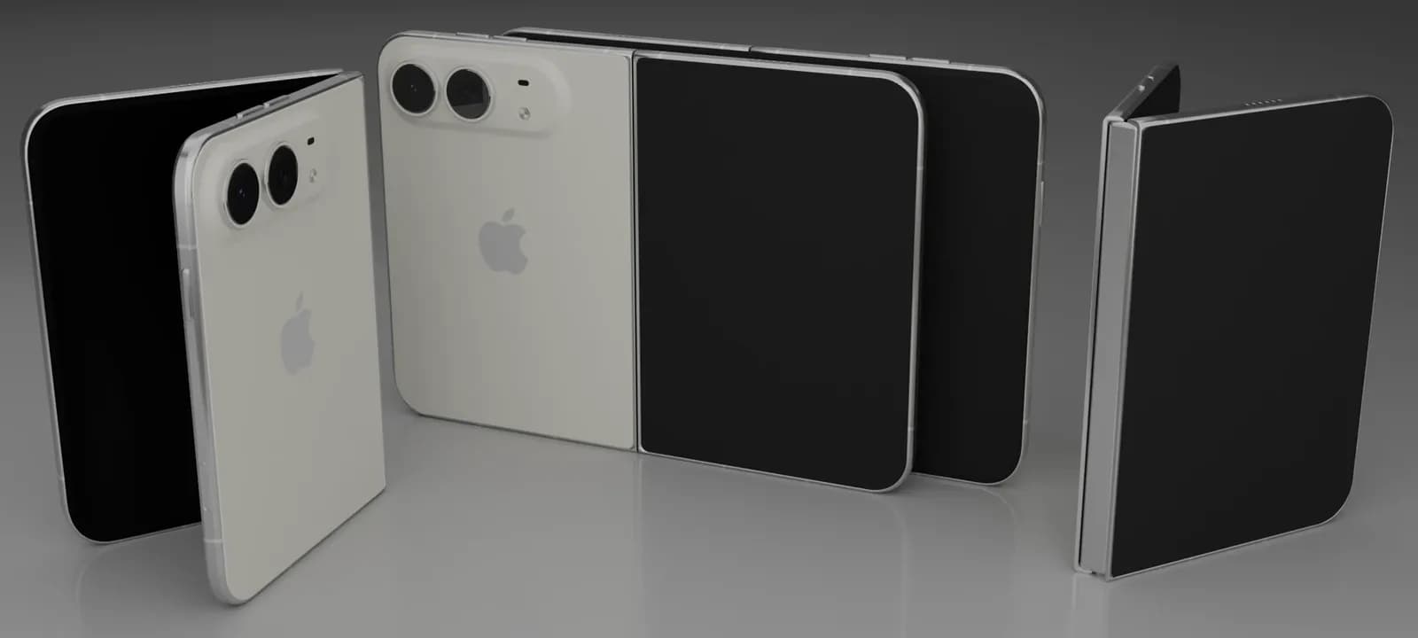 Several white foldable smartphones with Apple logos on their backs, shown folded and unfolded with dark screens.