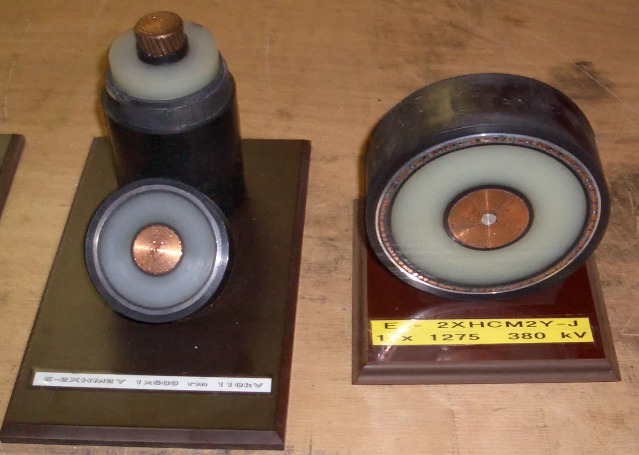 Cross-sections of two high-voltage underground power cables, labeled 110 kV on the left and 380 kV on the right.