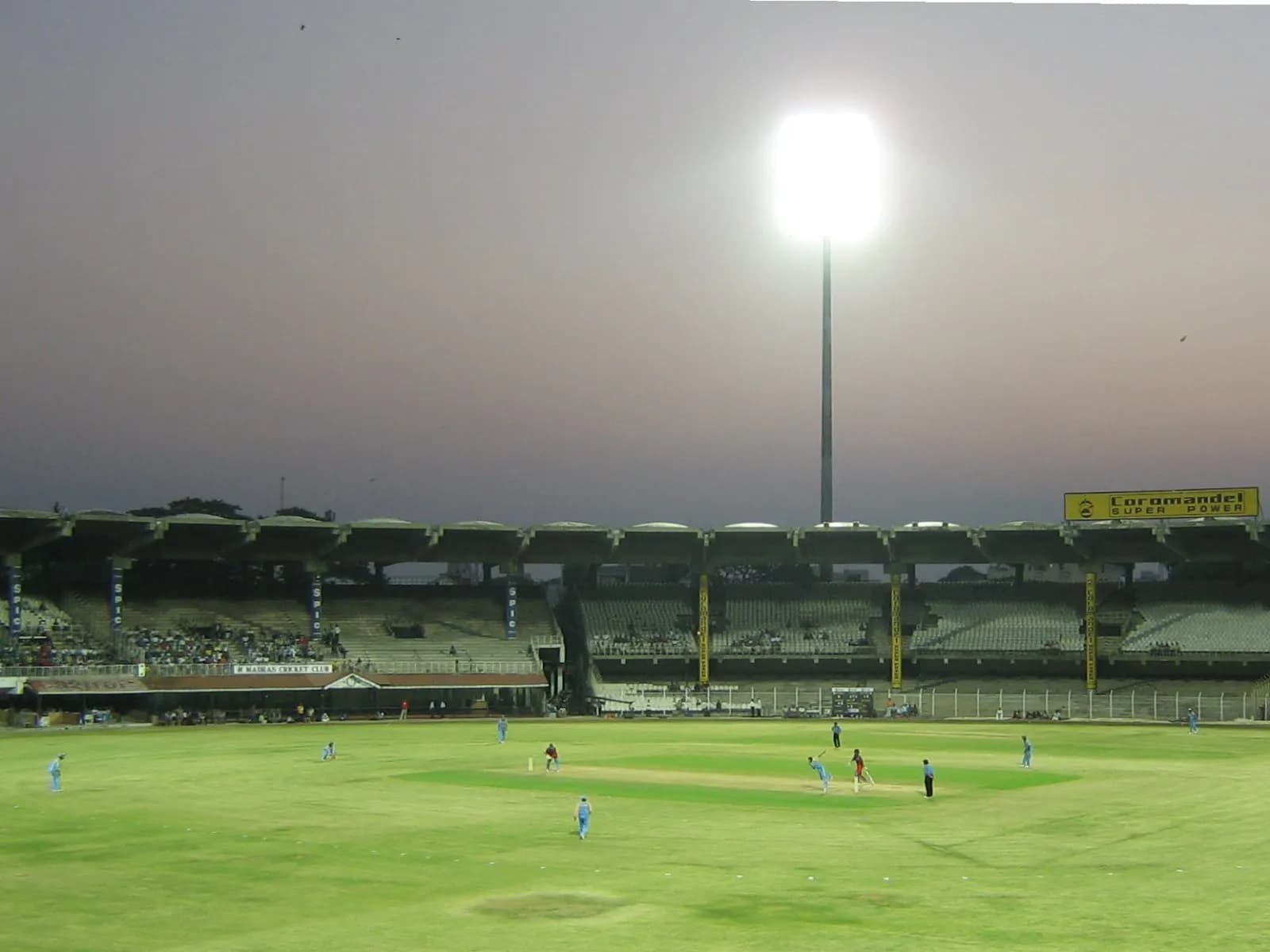 Cricket match in progress at M. A. Chidambaram Stadium in Chennai.