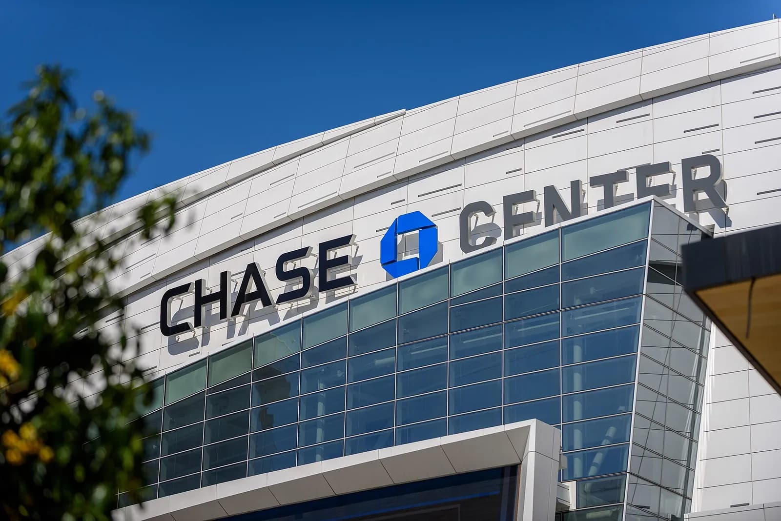 Chase Center logo mounted on the arena exterior in San Francisco.