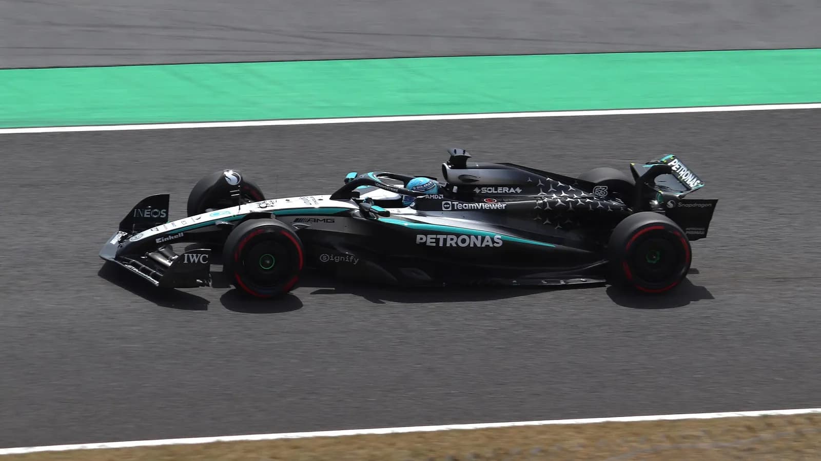George Russell driving his Mercedes during a practice session at the 2025 Japanese Grand Prix.