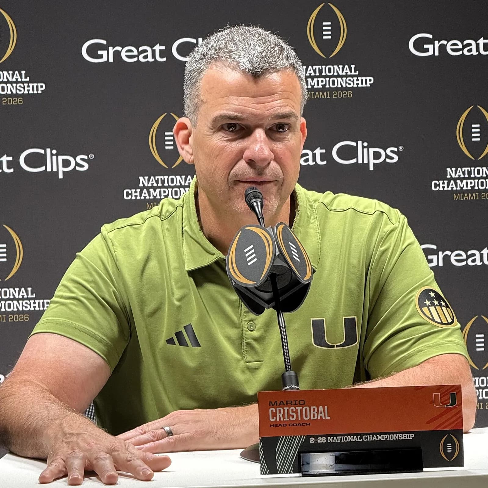 Miami Hurricanes head coach Mario Cristobal speaks at a press conference.